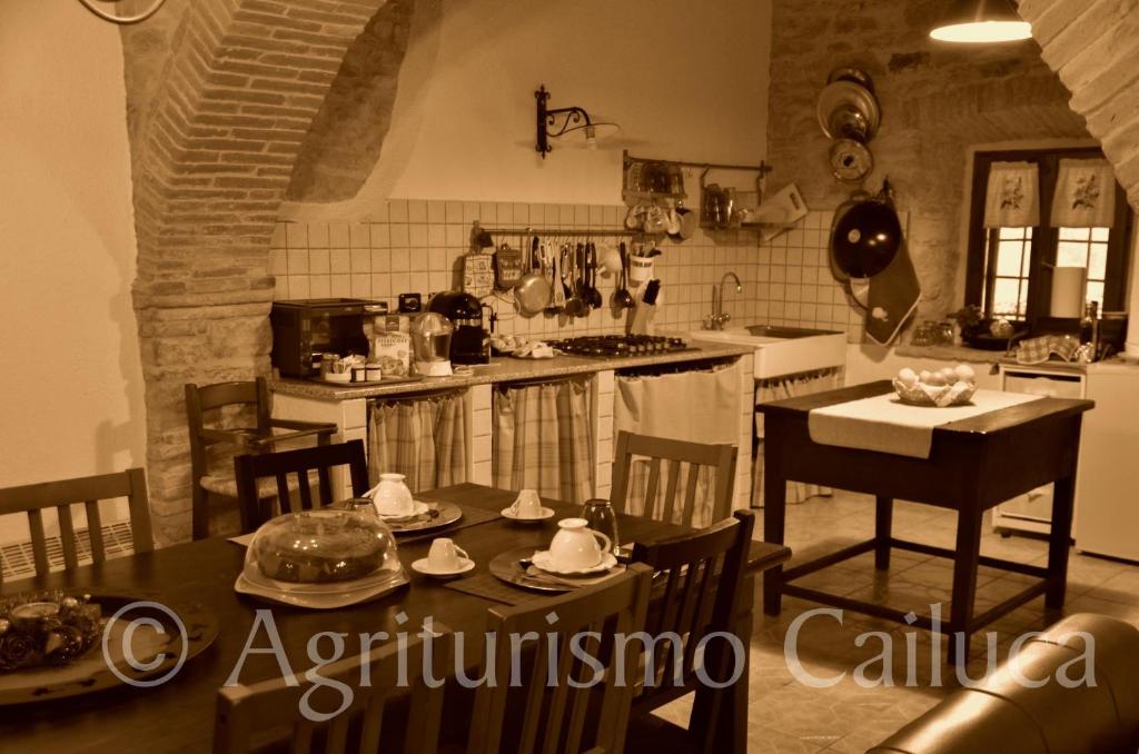 uma cozinha com mesa e cadeiras e uma cozinha com balcão em Agriturismo Cailuca em Pietralunga