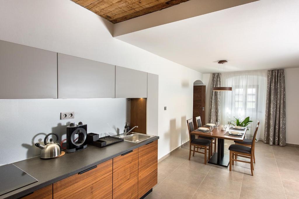 Kuchyň nebo kuchyňský kout v ubytování Residence Hluboká