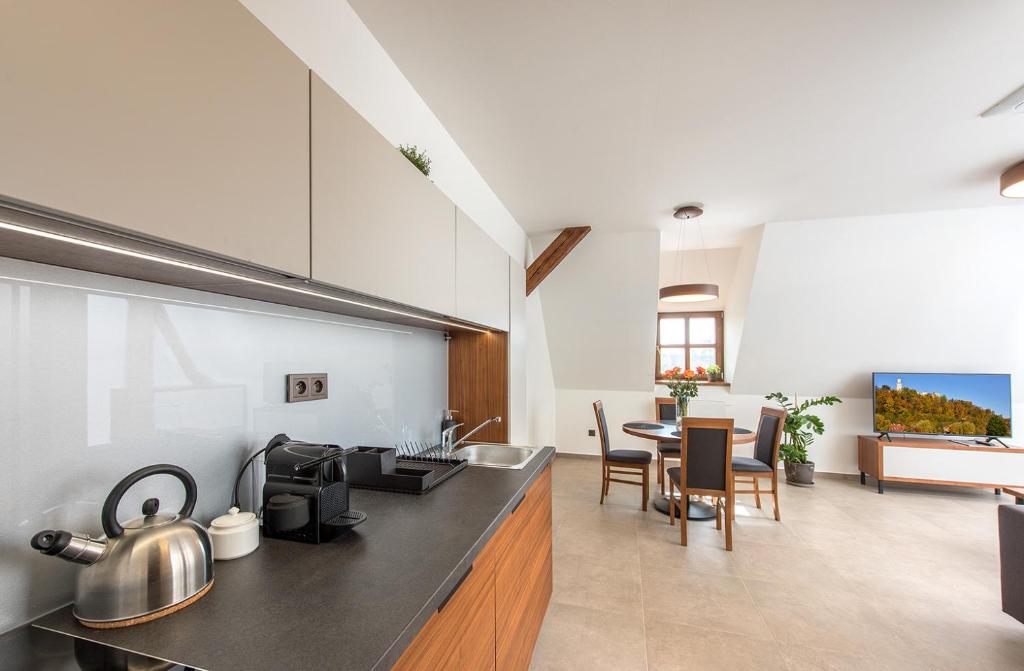 Kuchyň nebo kuchyňský kout v ubytování Residence Hluboká