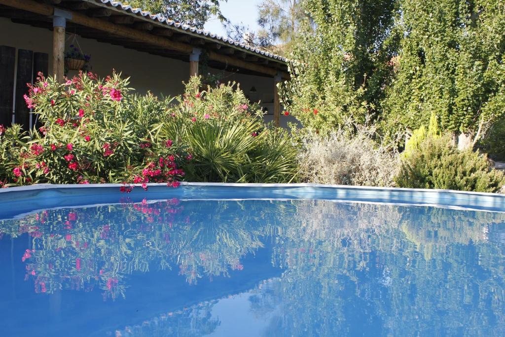 a swimming pool in a garden with flowers at One bedroom house with shared pool furnished terrace and wifi at Castro Marim in Castro Marim