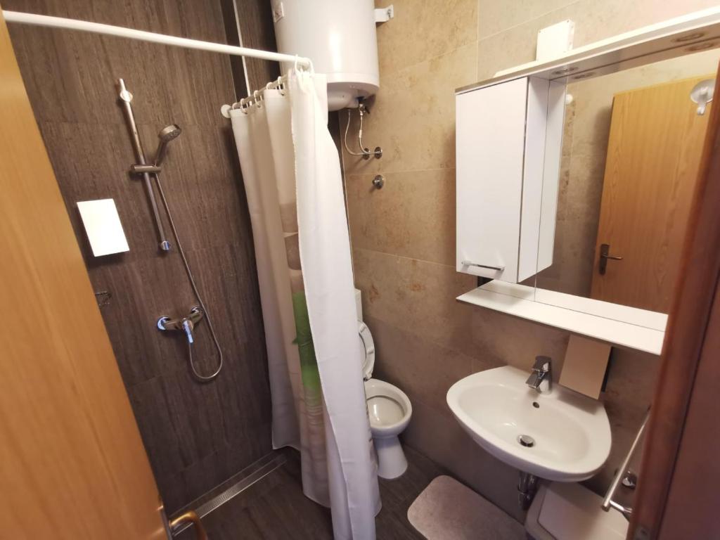 a bathroom with a sink and a toilet and a mirror at VILLA ŠIMOVIĆ APARTMENTS in Baška Voda
