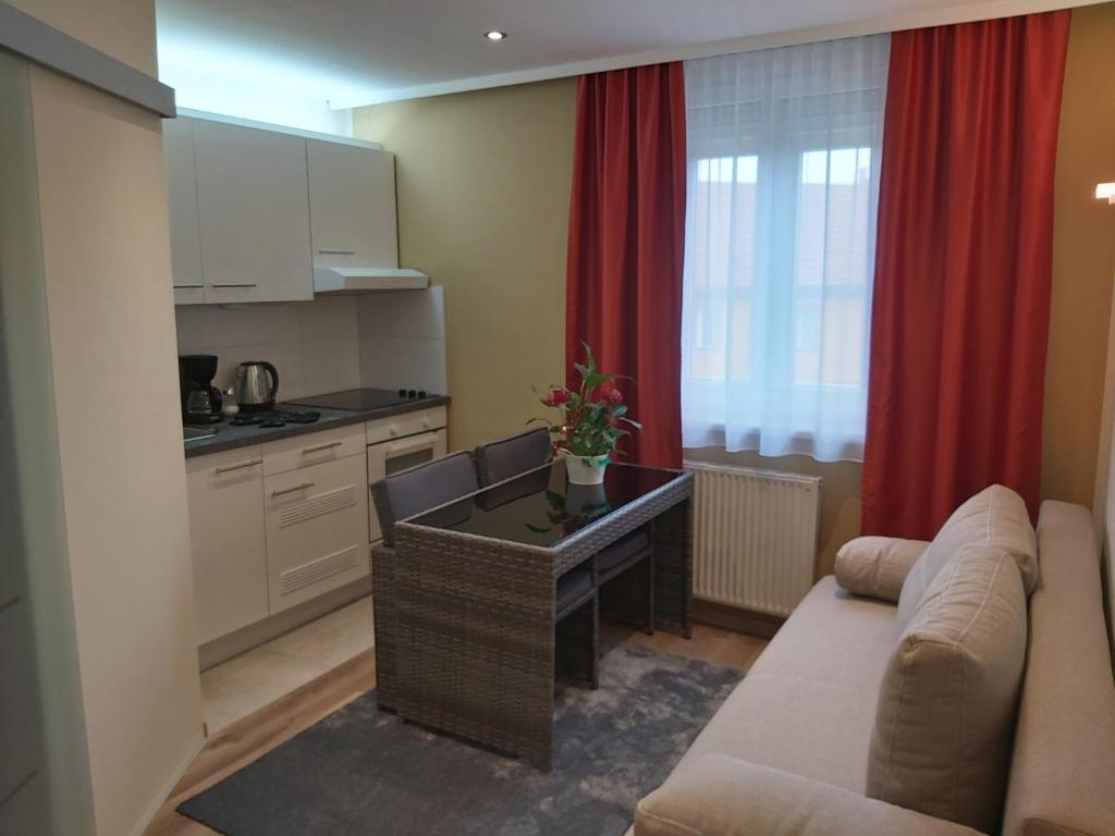 salon z kanapą i stołem w obiekcie Appartement Aragia w mieście Klagenfurt