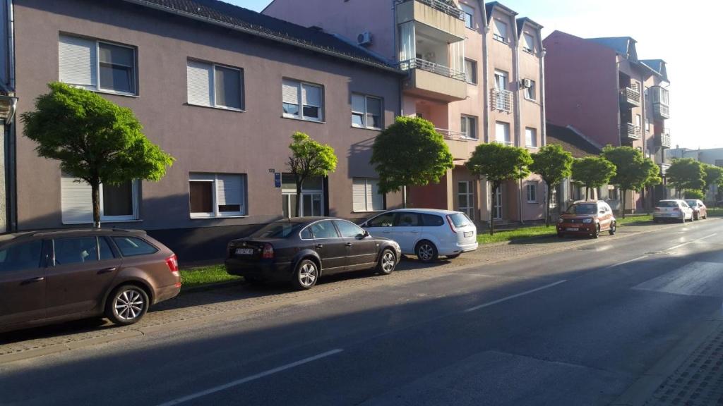 grupa samochodów zaparkowanych po stronie ulicy w obiekcie Apartment Eurho w mieście Osijek