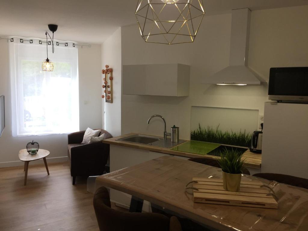 a kitchen and living room with a sink and a table at La Villa des Remparts in Lisieux