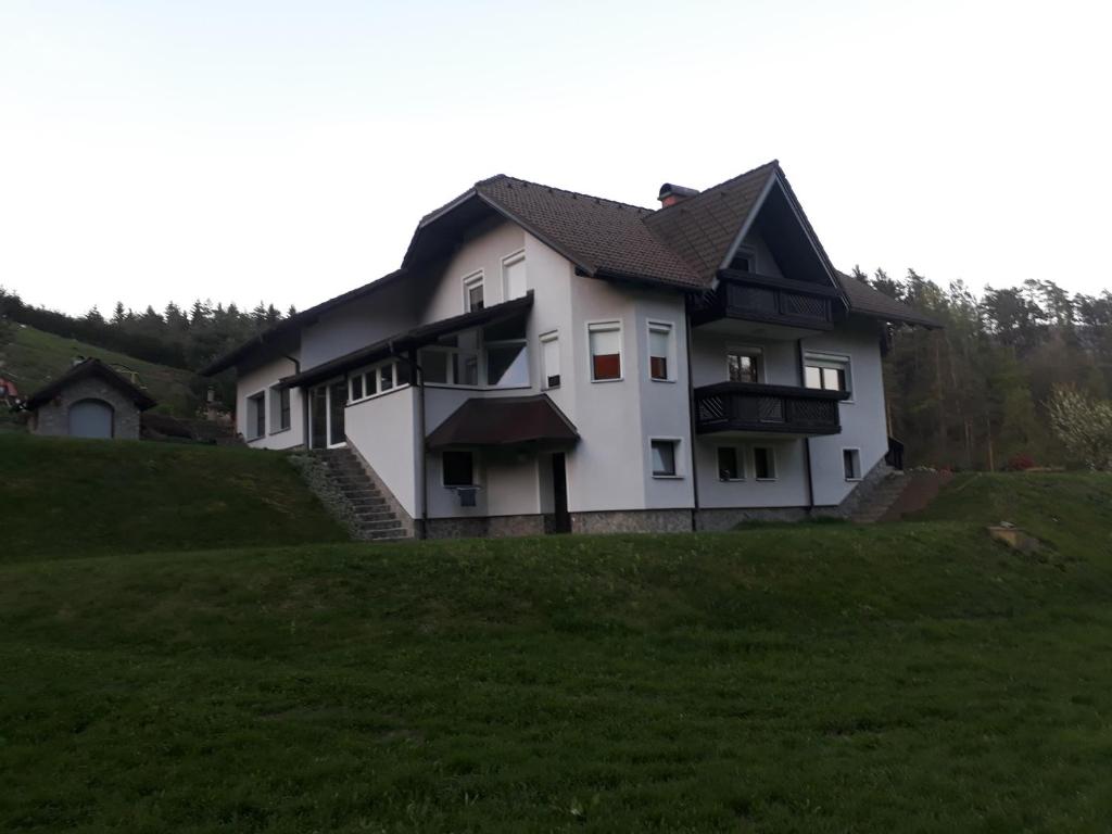 a white house on top of a green hill at Apartma Juteršek in Libeliče