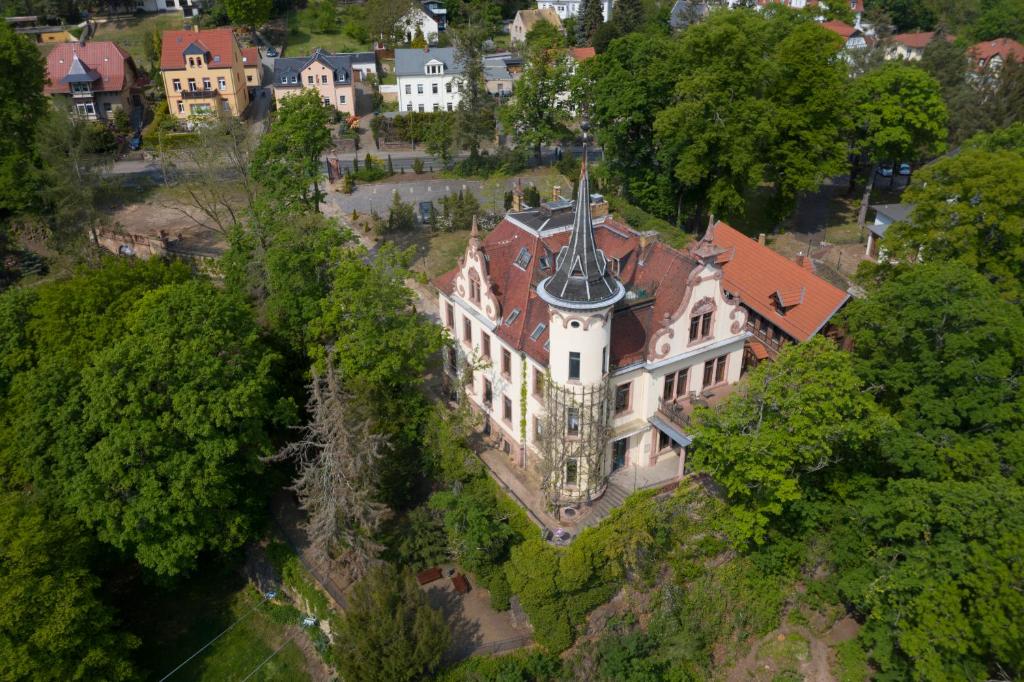 an aerial view of a large house on a hill at Schloss Gattersburg in Grimma