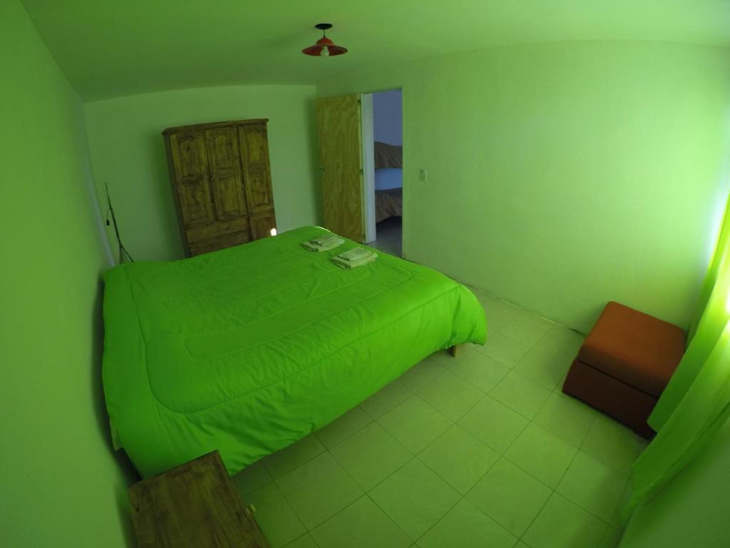 Dormitorio verde con cama con edredón verde en Alojamiento Goos en Puerto Pirámides