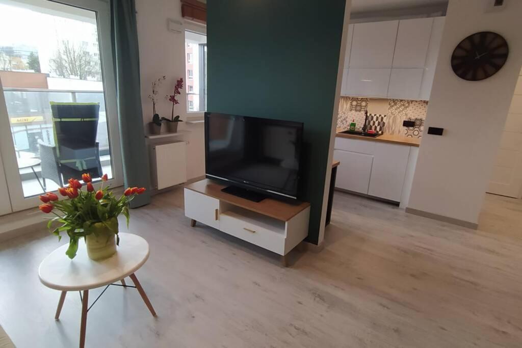 uma sala de estar com televisão e uma mesa com flores em Modern Home Moldawska em Varsóvia