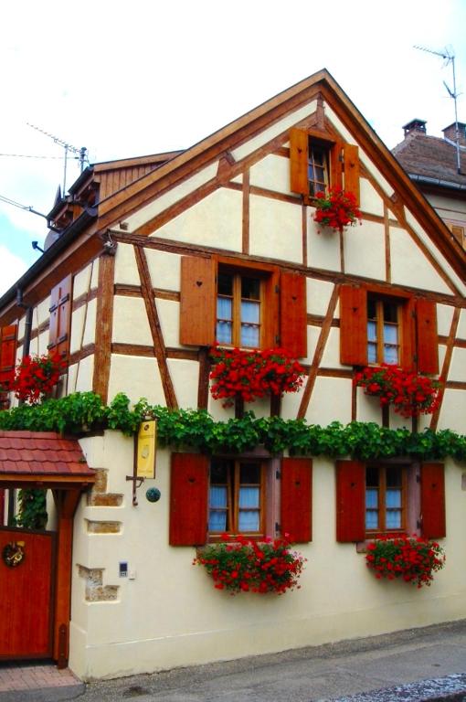 a house with red shutters and flowers on it at Appartement de 2 chambres avec jardin clos et wifi a Beblenheim in Beblenheim