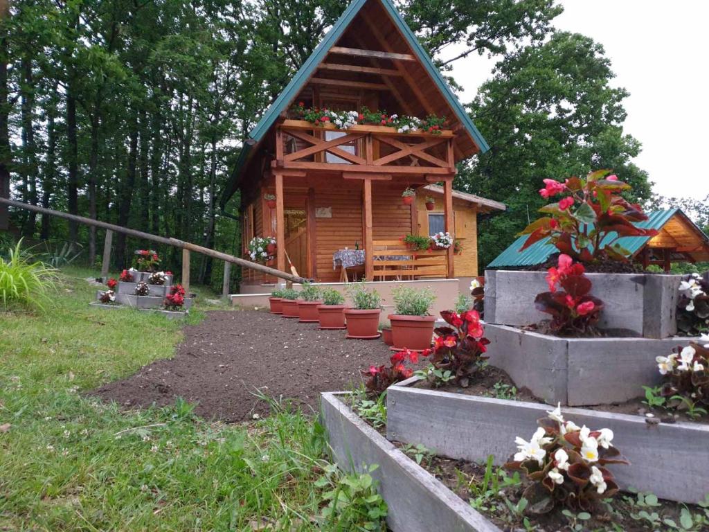 a small log cabin with flowers in front of it at Brvnare Dunja 1 i Dunja 2 in Kraljevo