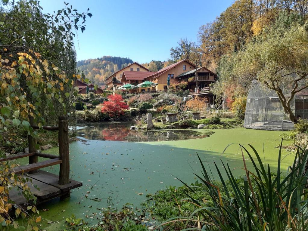 un estanque en un jardín con casas en el fondo en Cicha Woda, en Pieszyce