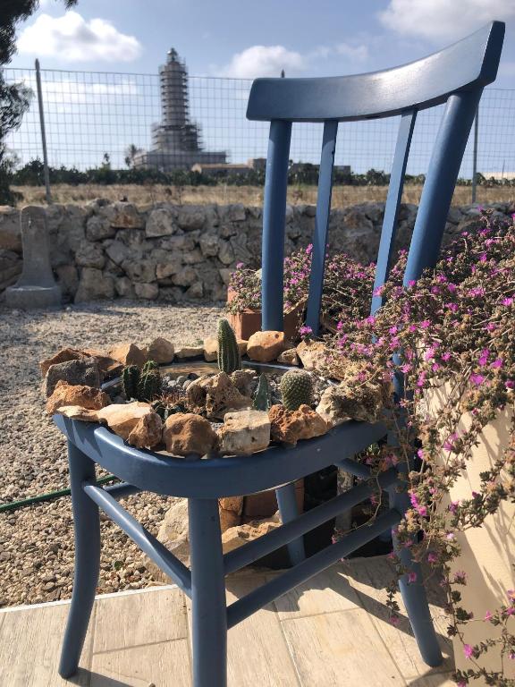 a blue chair with cacti and rocks on it at B&B Casa del Faro SanVallero Adults Only in Portopalo
