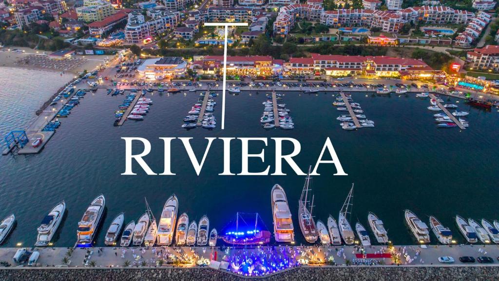 an aerial view of a harbor with boats in the water at Riviera Complex 6 in Sveti Vlas