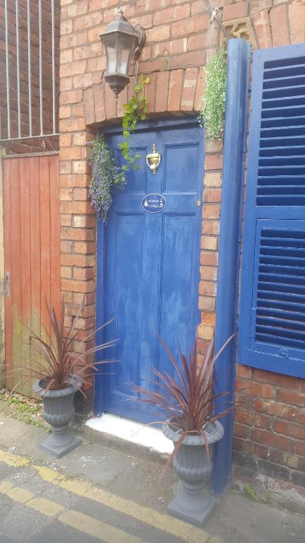 a blue door with two plants in front of a building at Atlantic cottage in Blackpool