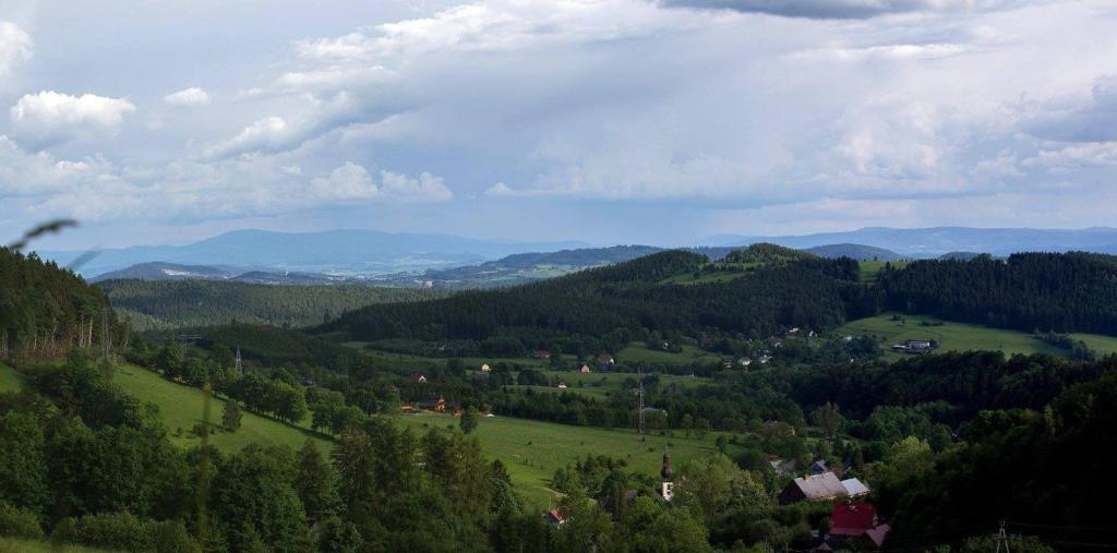 Elle offre une vue sur une vallée verdoyante avec des montagnes et des arbres. dans l'établissement Maślana Chata, à Sokolec
