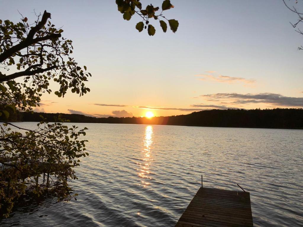 einen Sonnenuntergang auf einem See mit einem Holzsteg in der Unterkunft Ferienhaus Reetdach 1300qm Privatgrundstück Bootssteg Sauna Templin Lübbesee Uckermark Erholung pur Seenplatte in Petersdorf