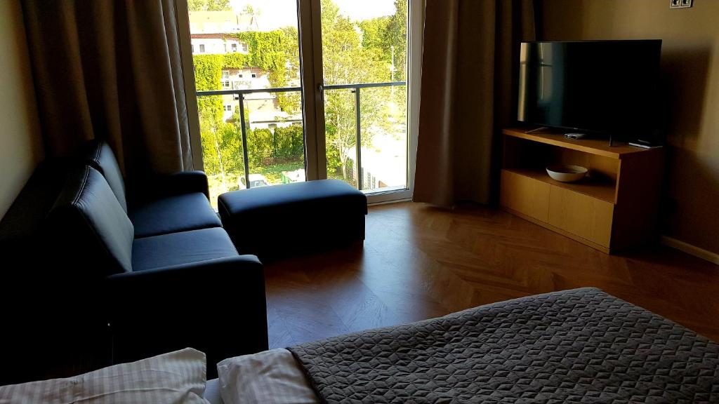 a bedroom with a bed and a tv and a window at Apartament Wrocław Marina nad Odrą 29 in Wrocław