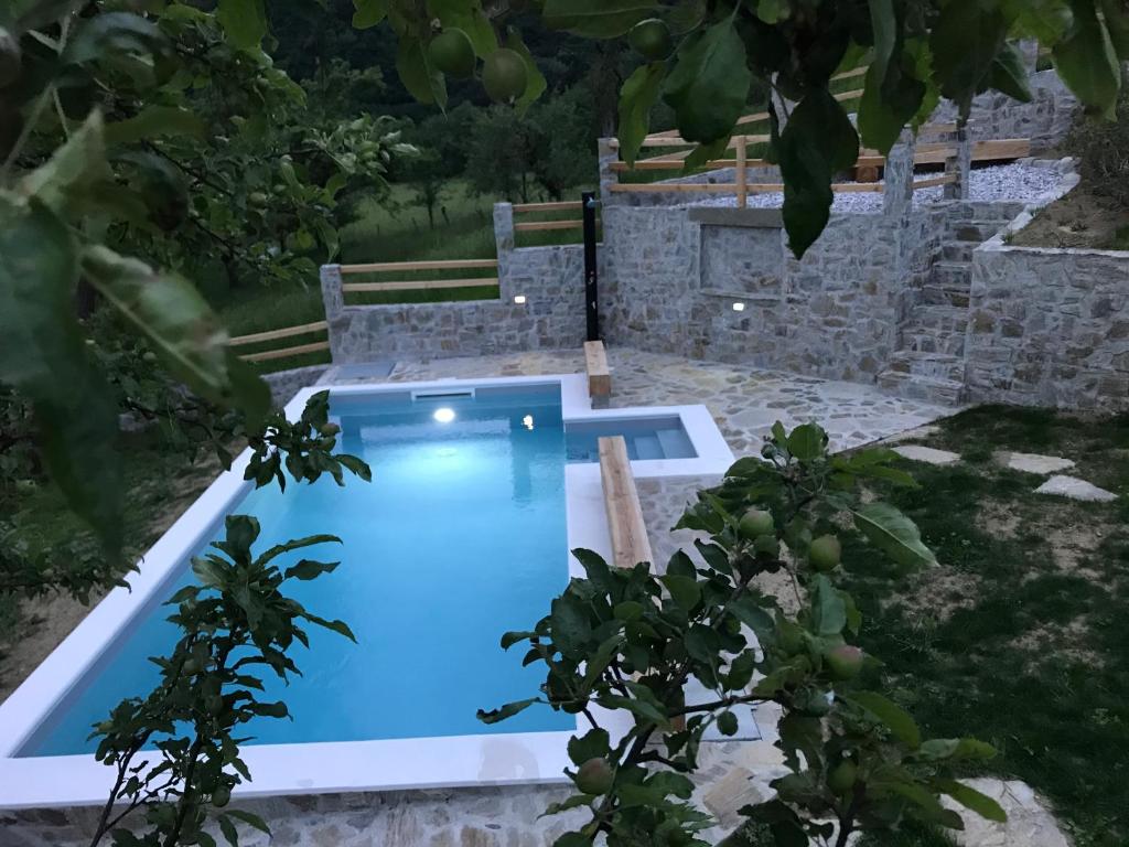 a swimming pool in a garden with an apple tree at Farmhouse Cvetje in Tolmin