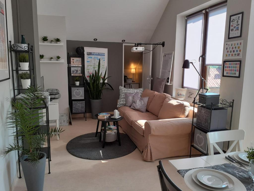 sala de estar con sofá y algunas plantas en Apartament Enjoy Modlnica okolice Krakowa i Ojcowa, en Modlnica