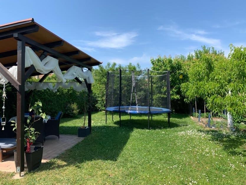 trampolina w trawie na dziedzińcu w obiekcie Jorgos Apartman w mieście Keszthely