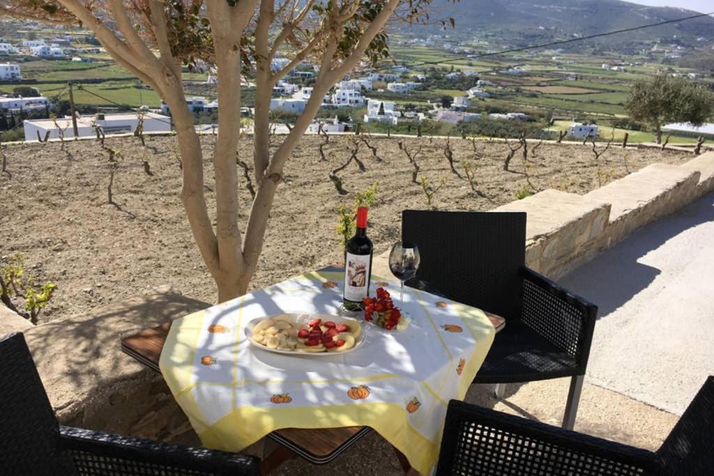 a table with a bottle of wine and a plate of food at GRAPE YARD APARTMENT in Parikia
