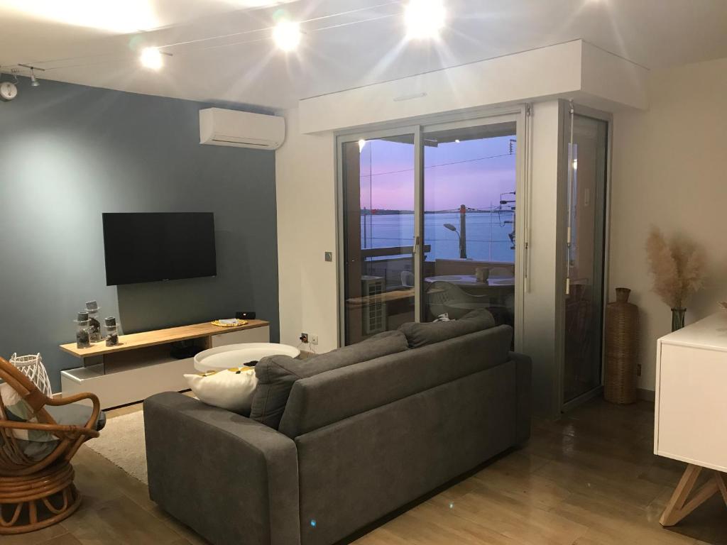 uma sala de estar com um sofá e uma televisão em Magnifique appartement pied dans l'eau em Cannes