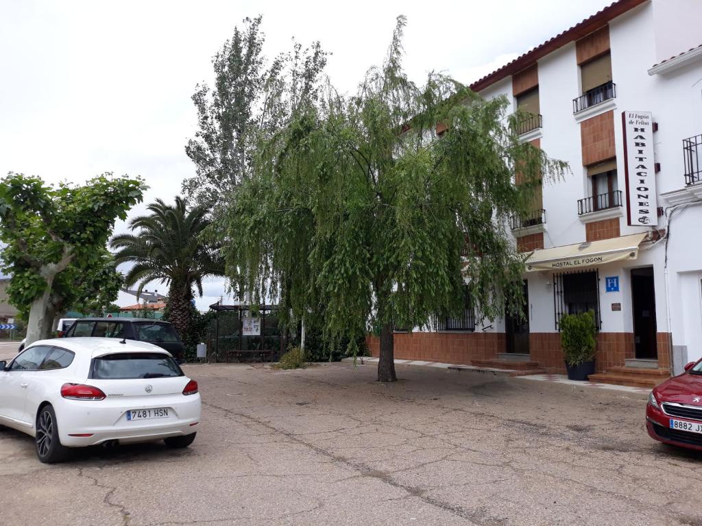 un coche blanco estacionado frente a un árbol en Hostal El Fogon De Felisa, en Herrera del Duque