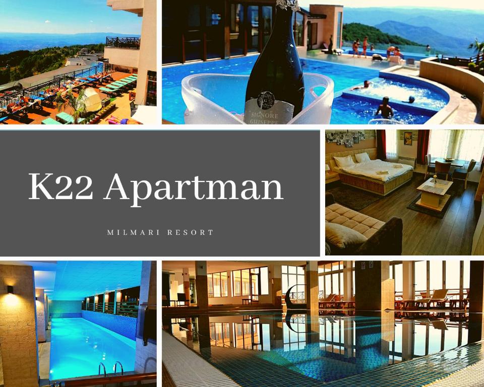 eine Collage mit Fotos eines Hotels mit Pool in der Unterkunft K22 Apartment Milmari in Kopaonik