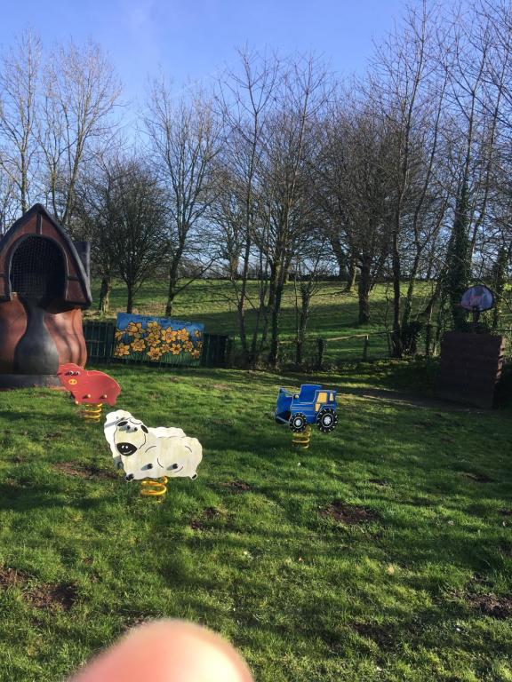 a group of toys in the grass in a park at Tranquilo cabanas in Carmarthen