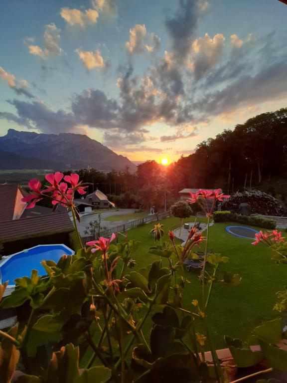 Blick auf einen Garten mit Blumen und den Sonnenuntergang in der Unterkunft Landhaus Armstorfer in Puch bei Hallein