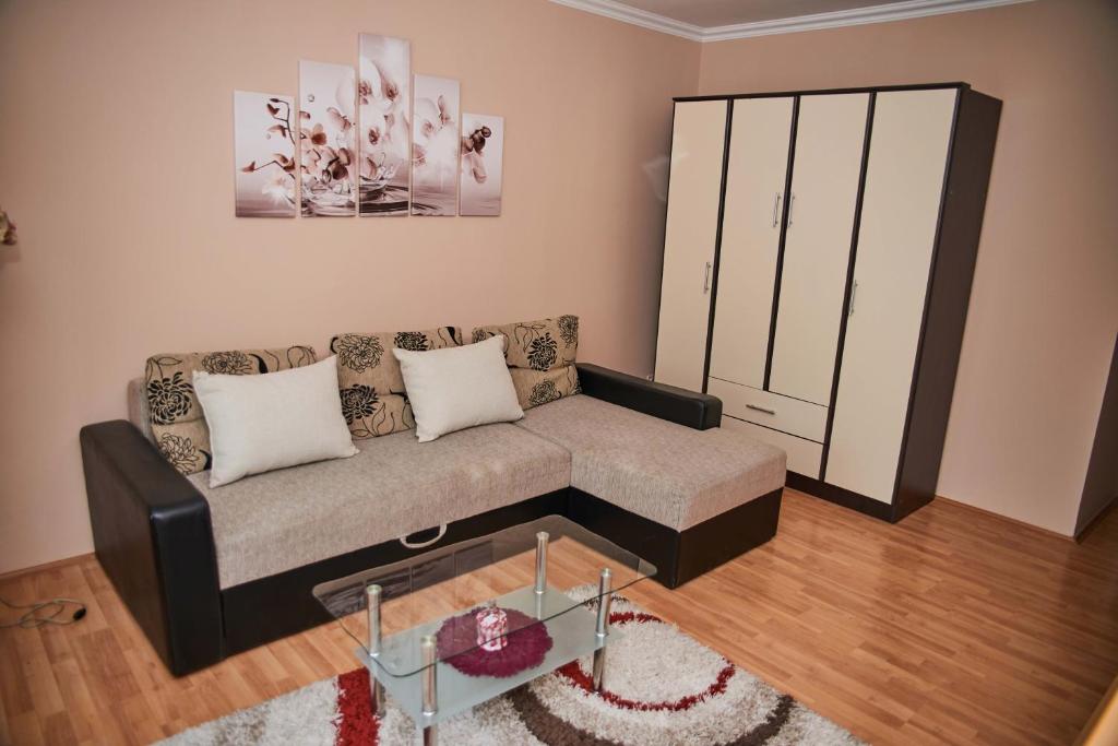 uma sala de estar com um sofá e uma mesa de vidro em Apartman ANA em Bečej