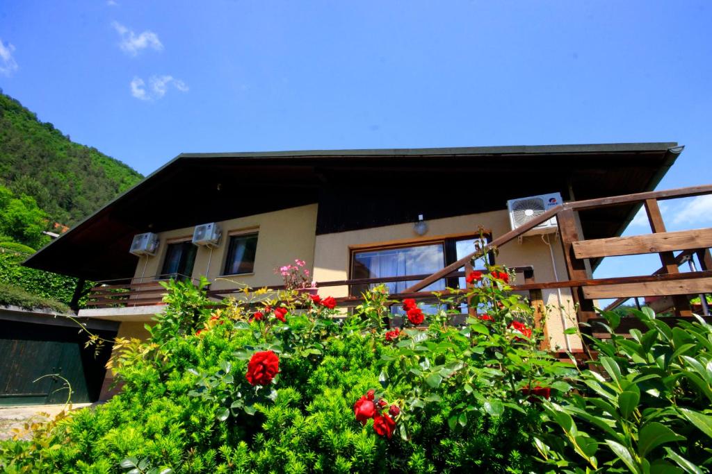 dom z czerwonymi kwiatami przed nim w obiekcie Na Kopitarjevi w mieście Laško