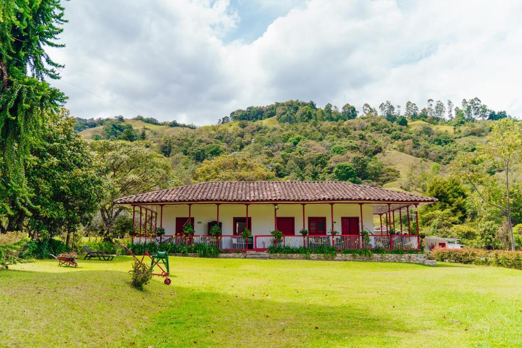 ein Haus inmitten eines Feldes mit einem Rasenplatz in der Unterkunft La Cabaña Ecohotel - Valle del Cocora in Salento