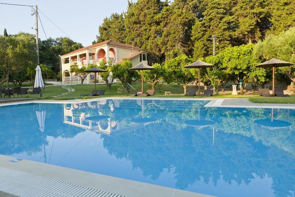 una piscina de agua azul frente a una casa en Eleas gi (Olive Grove Estate), en Tsilivi
