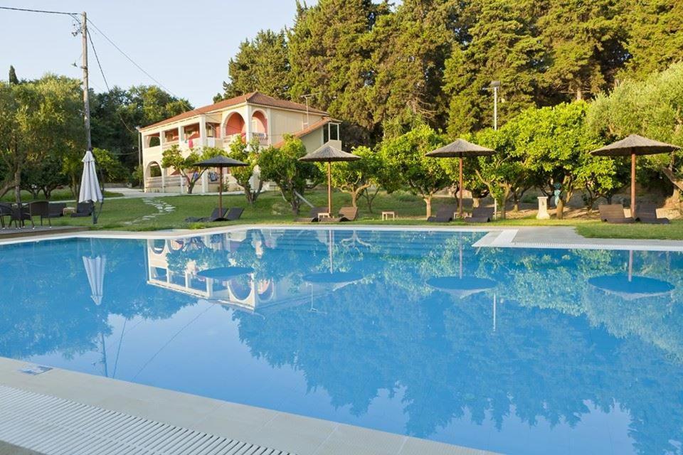 una piscina con agua azul frente a una casa en Eleas gi (Olive Grove Estate), en Tsilivi