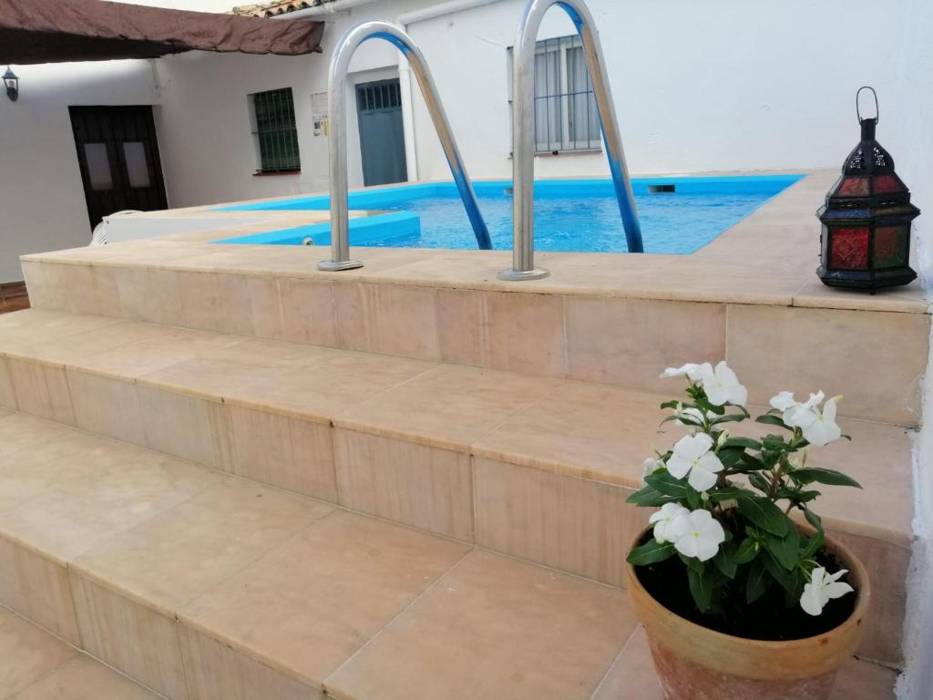 a set of stairs leading to a swimming pool at Casa Rural Casa Ronda in El Bosque