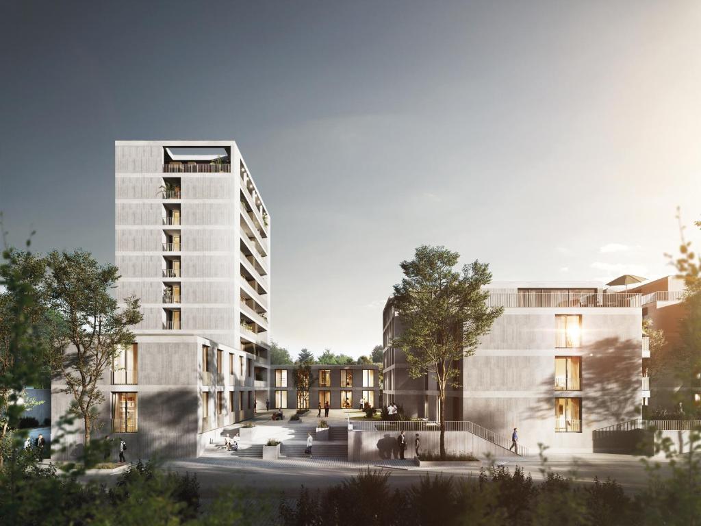 a rendering of a tall building with a courtyard at Favorit Serviced Apartments in Ludwigsburg