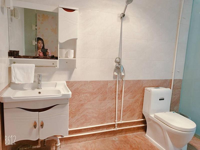 uma casa de banho com um chuveiro, um lavatório e um WC. em JUN Hotels Hebei Zhangjiakou Xuanhua District Railway Station Store em Zhangjiakou