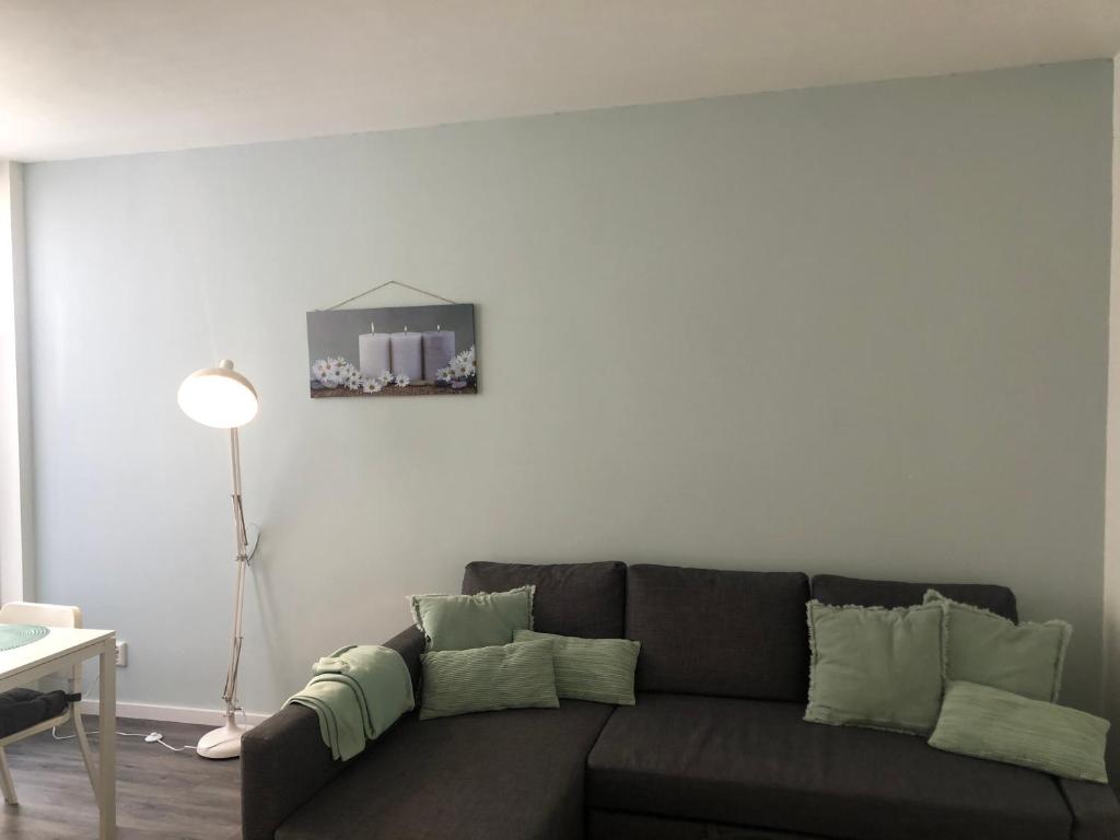 ein Wohnzimmer mit einem braunen Sofa und grünen Kissen in der Unterkunft Poelgeeststraat in Leiden