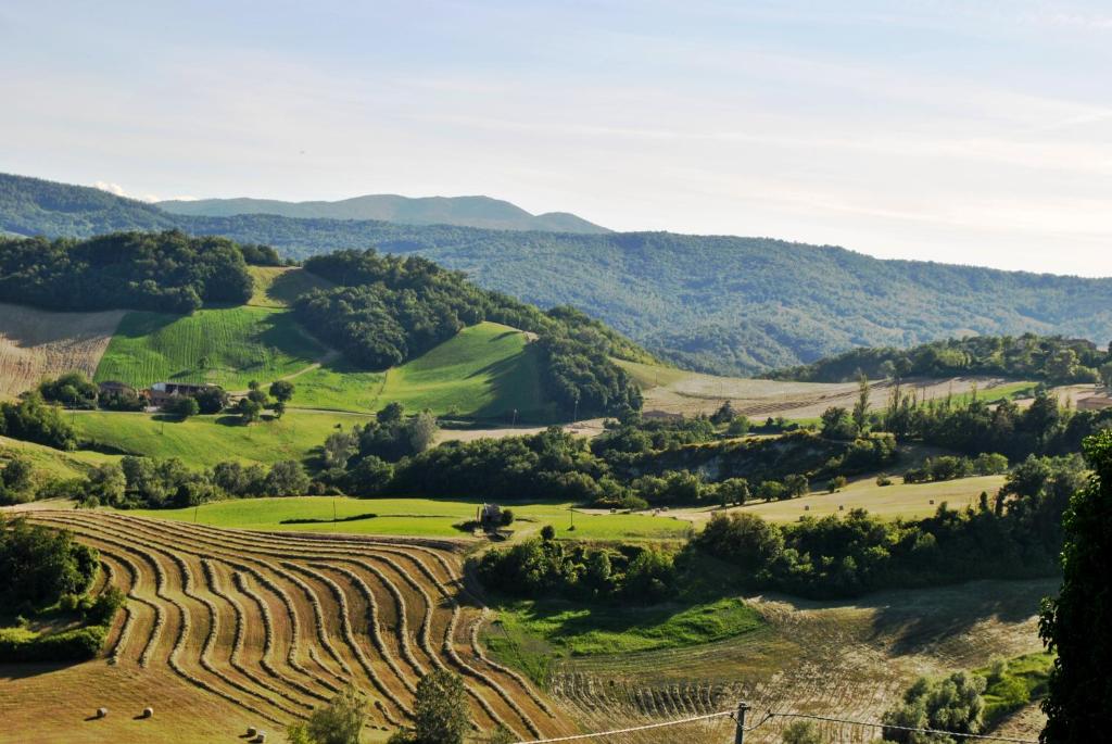 vista su un campo con montagne sullo sfondo di CASA STEFANIA, APPARTAMENTO IN COLLINA a Salsomaggiore Terme
