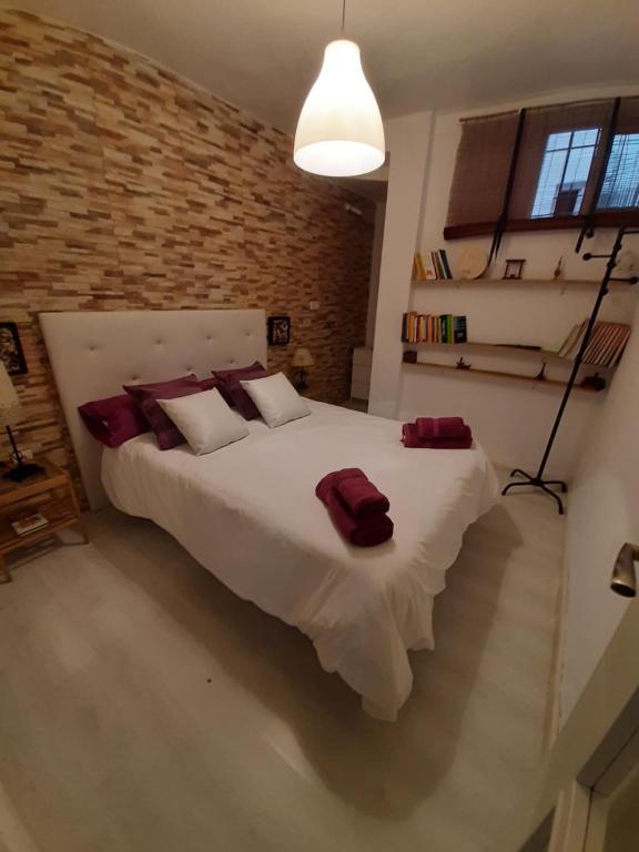 ベヘール・デ・ラ・フロンテーラにあるLoft de la Morenaのベッドルーム(赤い枕の大きな白いベッド付)