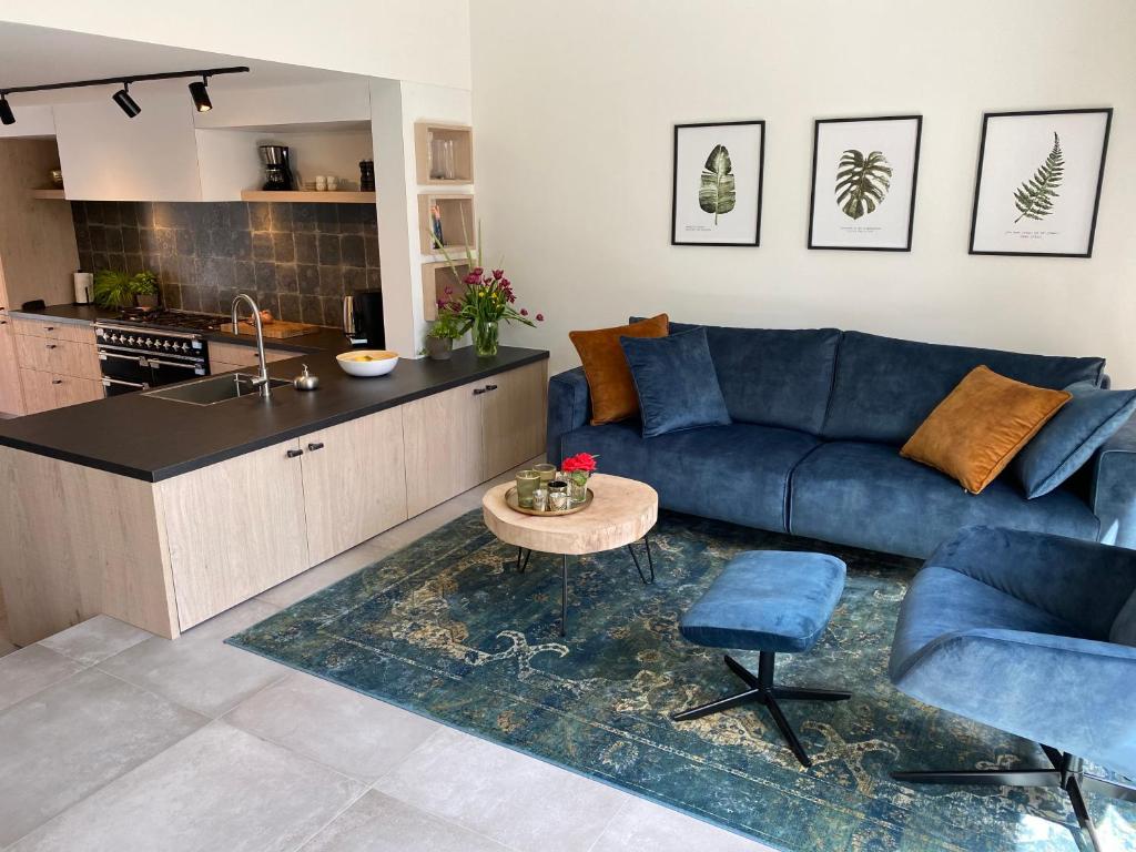 a living room with a blue couch and a kitchen at Lepelblad 44, Nieuwvliet in Nieuwvliet