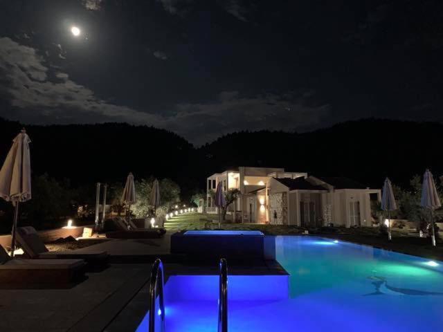 a large swimming pool at night with a full moon at Castella Apartments in Vourvourou