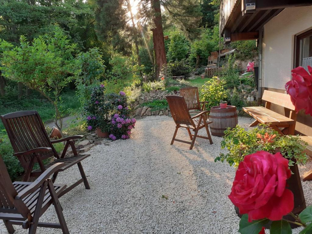 eine Terrasse mit Stühlen und Blumen im Garten in der Unterkunft Gästehaus Gerhardt in Schweigen-Rechtenbach