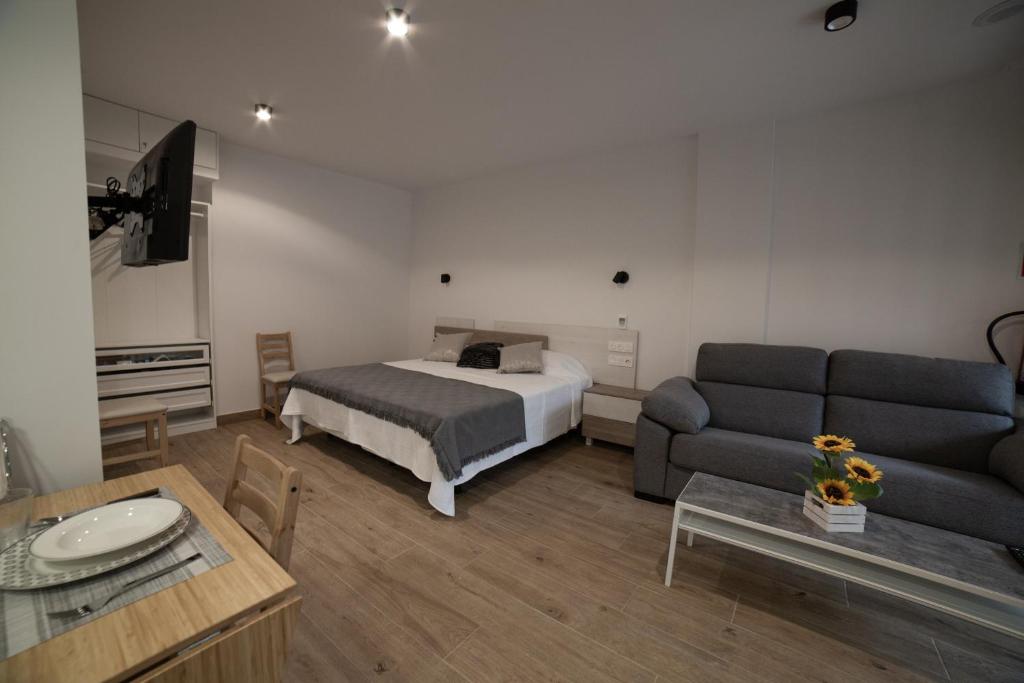 - un salon avec un lit et un canapé dans l'établissement Loft en Zarauz con parking Hator 1, à Zarautz