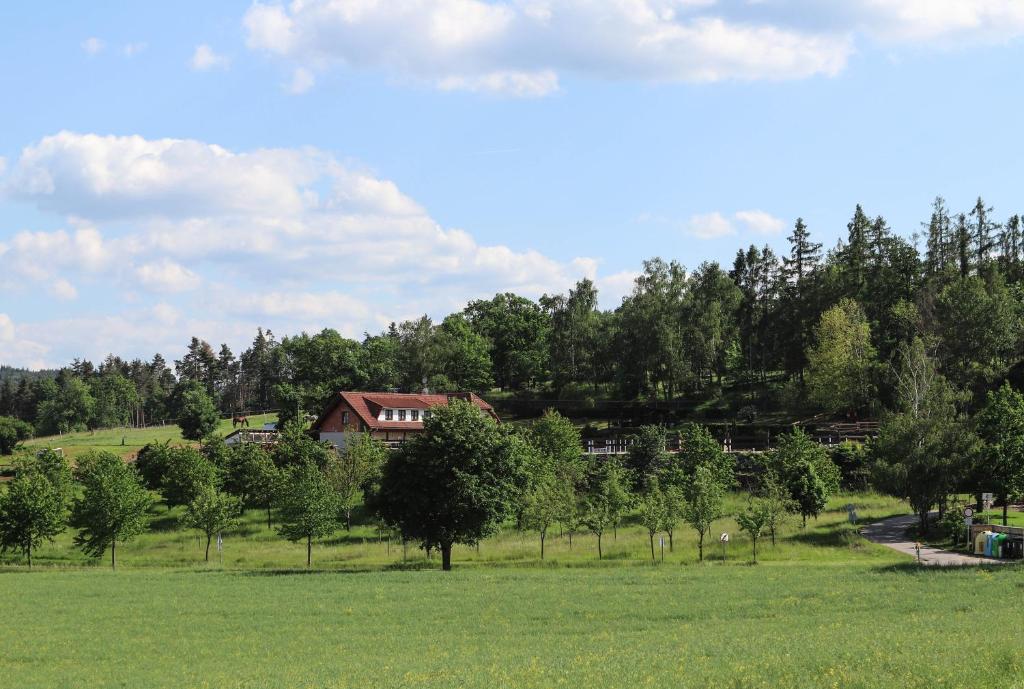 une maison sur une colline avec des arbres dans un champ dans l'établissement Ubytování pod Haniperkem, à Vodňany