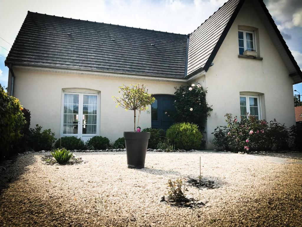 a house with a potted tree in the front yard at Les Chambres d'hôtes du Faubourg in Saint-Riquier
