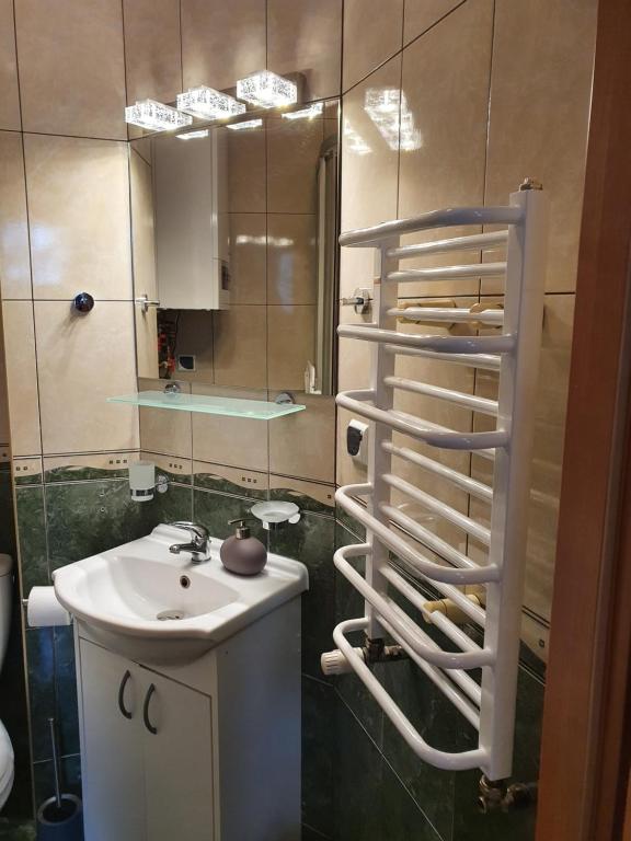 ein Bad mit einem Waschbecken und einem Spiegel in der Unterkunft Biedronka- samodzielny apartament dla 3 osób z miejscem parkingowym in Sopot