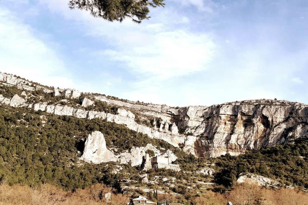 een uitzicht op een berg met een tunnel erin bij Vue panoramique sur le château,montagne et grottes in Fontaine-de-Vaucluse