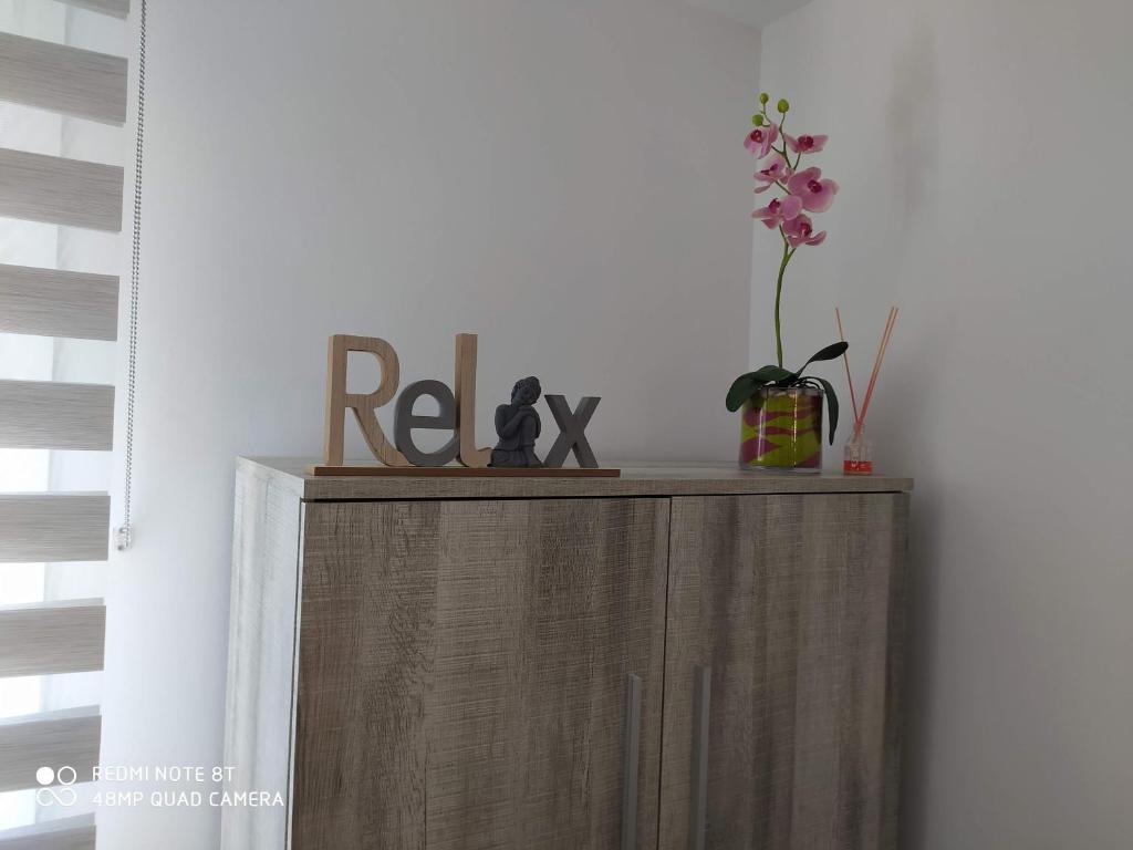 a wooden cabinet with a plant on top of it at Vianatxiki in Viana